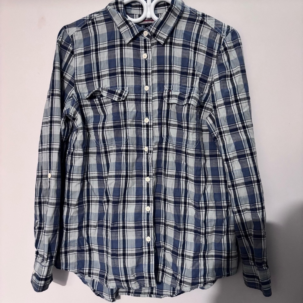 Vintage Tommy Hilfiger Blue and White Plaid Shirt Casual Everyday Layering Piece